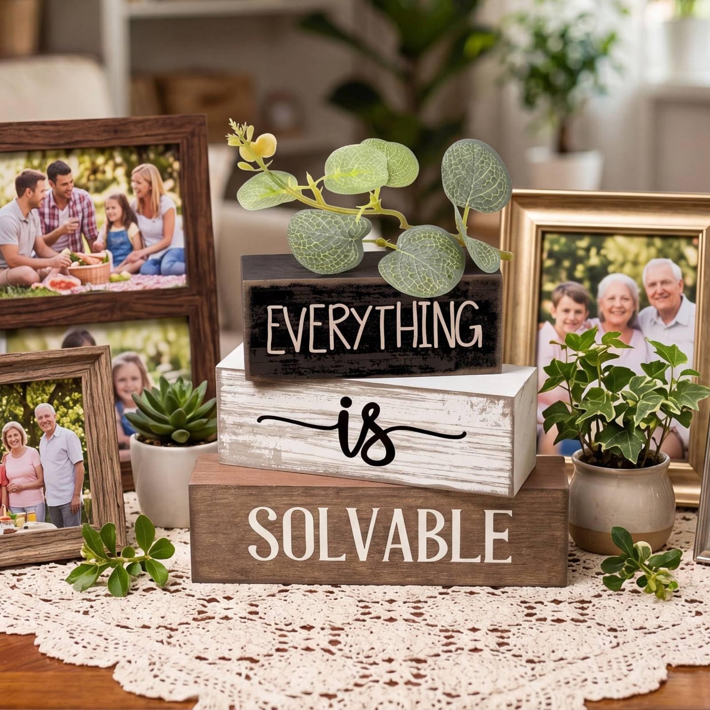 Lineshading 4 Pcs Inspirational Farmhouse Table Decor Rustic Wooden Stacked Block Signs with Inspirational Quote Artificial Eucalyptus Leaves Farmhouse Decoration for Home Office Shelf Gift