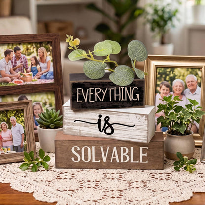 Lineshading 4 Pcs Inspirational Farmhouse Table Decor Rustic Wooden Stacked Block Signs with Inspirational Quote Artificial Eucalyptus Leaves Farmhouse Decoration for Home Office Shelf Gift