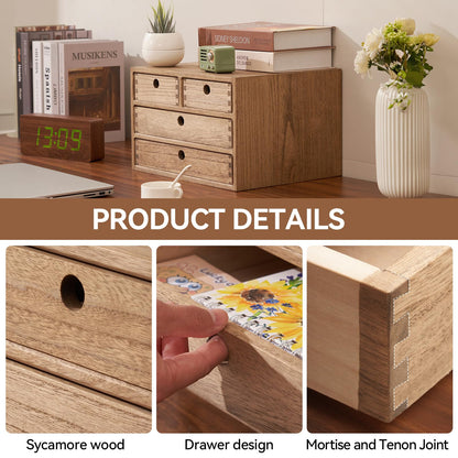 KIRIGEN Wood Desktop Storage Cabinet with 4 Drawers, 3-Tier Desk Organizer for Letter-Size Paper, Mail, Home Office Supplies, Makeup, Crafts, Desk or Countertop, Fully Assembled, Brown WJG34-DBR