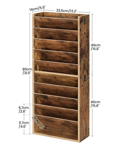 CHOEZON Wall File Organizer, 10-Tier Hanging Mail Organizer, Wall Mount File Holder with 4 Side Hooks, Mail and Storage Organizer, Wooden Vertical Hanging Holder for Office, Rustic Brown MWJ03FG
