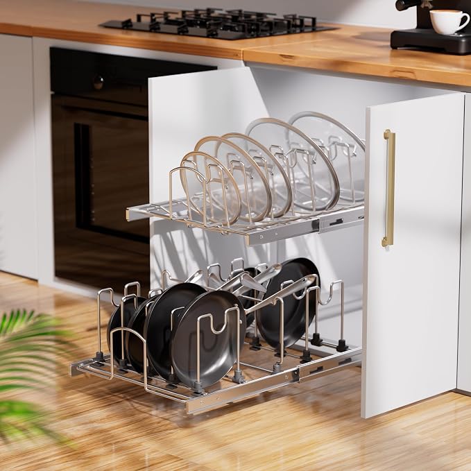 2-Tier Kitchen Pull out Cabinet Organizer for Pots, Pans, and Lid Cookware, Adjustable Heavy Duty Wire Pan and Pot Rack, Full-Extension Rail 12" W *22" D