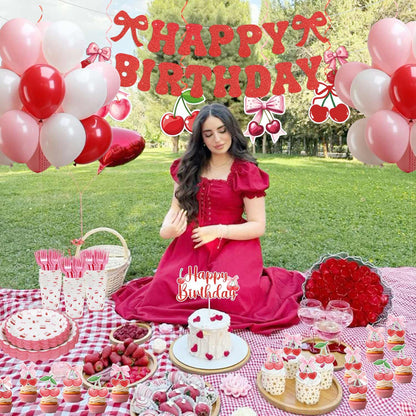 Cherry Birthday Decorations, 182Pcs Cherry Plates Napkins Cups Forks Tablecloth Banner Hanging Swirls Cupcake Toppers and Ballons for Cherries Themed Party Decorations