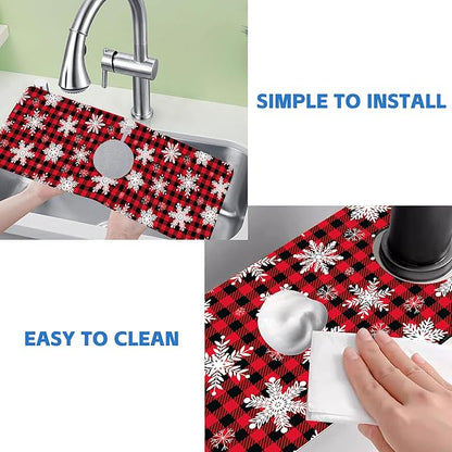 Christmas Snowflake Kitchen Sink Splash Guard Mat Buffalo Plaid Absorbent Fast