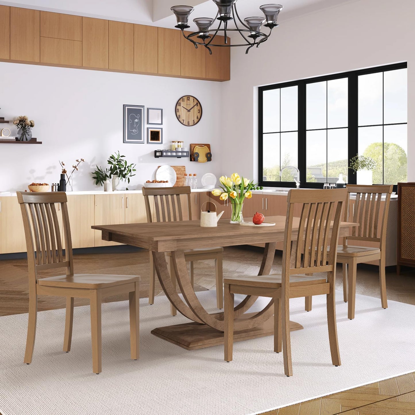 COLAMY Wooden Dining Chairs Set of 6, Solid Rubberwood Kitchen & Dining Room Chairs, Farmhouse Rustic Side Chairs for Dining Table, Anti-Slip Protection, Classic Windsor Style Seating, Oak Light Brown