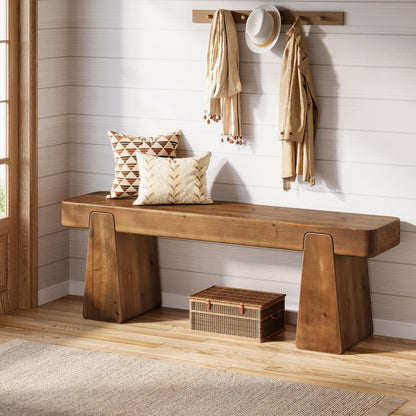 TRIBEWOOD Solid Wood Bench, 47-Inch Farmhouse Wood Entryway Bench with Thickened Legs, Narrow Indoor Wooden Bench for Entry, Hallway, Living Room, End of Bed, Dark Brown