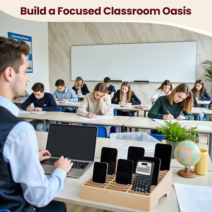 Classroom Cell Phone Holder, Fully Assembled 36 Grid Cellphone Storage Box for Student Management, Wooden Calculator Organizer Caddy for School Office