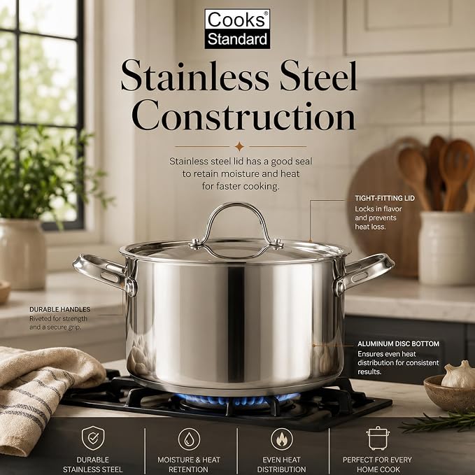 Cooks Standard Classic 8 Quart Stock Pot with Lid, Stainless Steel Pasta Pot