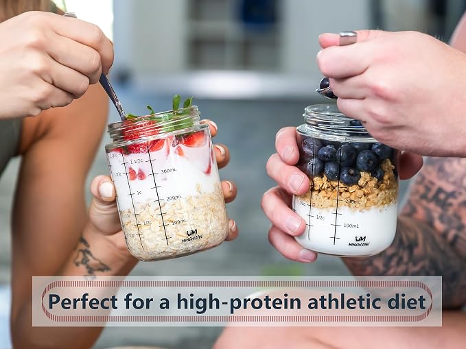 Overnight oats containers with lids, Yogurt jars, Chia seed pudding jars, Glass meal prep containers, 16 oz mason jars with airtight lids (4 Pack, Lavish Blue & Soft Pink)