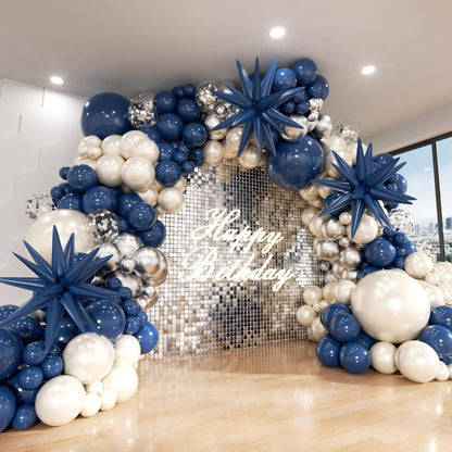 ADOINBY Navy Blue Silver White Balloon Arch Kit, Double Stuffed Pearl Sand White Royal Dark Blue Chrome Silver Confetti Balloons Garland Kit for Birthday Graduation 2026 New Years Party Decoration