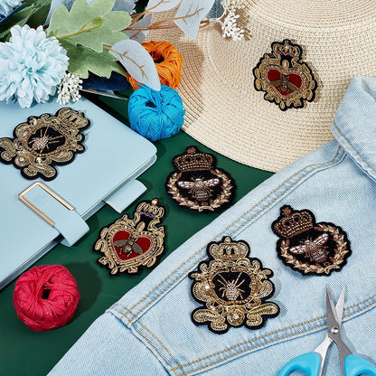 AHANDMAKER 6pcs Crown Bee Badge Embroidered Applique Patch, 3 Style Embroidered Badge Patch Sew On Patches DIY Decorative Applique Patches for Dress Jeans Jackets Handbag Clothing