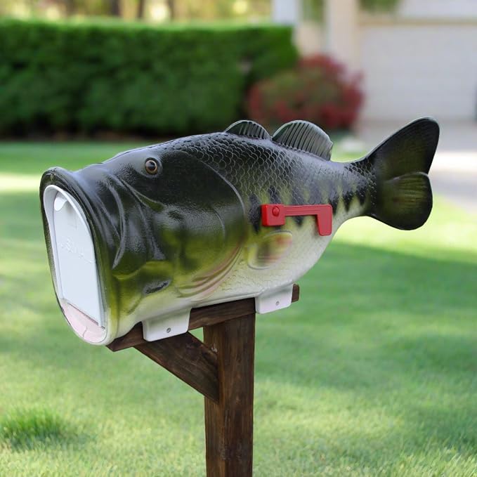 Rivers Edge Products Largemouth Bass Fish Mailbox, Mailbox for Outside, Post Mount, Metal, Plastic Outer Layer, Hand-Painted Markings, 40 X 16 X 10 Inches, 15 Pounds, 1 Count