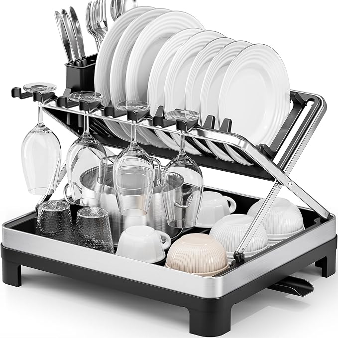 Dish Drying Rack, 2-Tier Stainless Steel Dish Rack with X-Frame and Drainage Spout, Large Collapsible Dish Drainer for Kitchen Counter, Dish Strainer with Utensil and Wine Glass Holder, Black