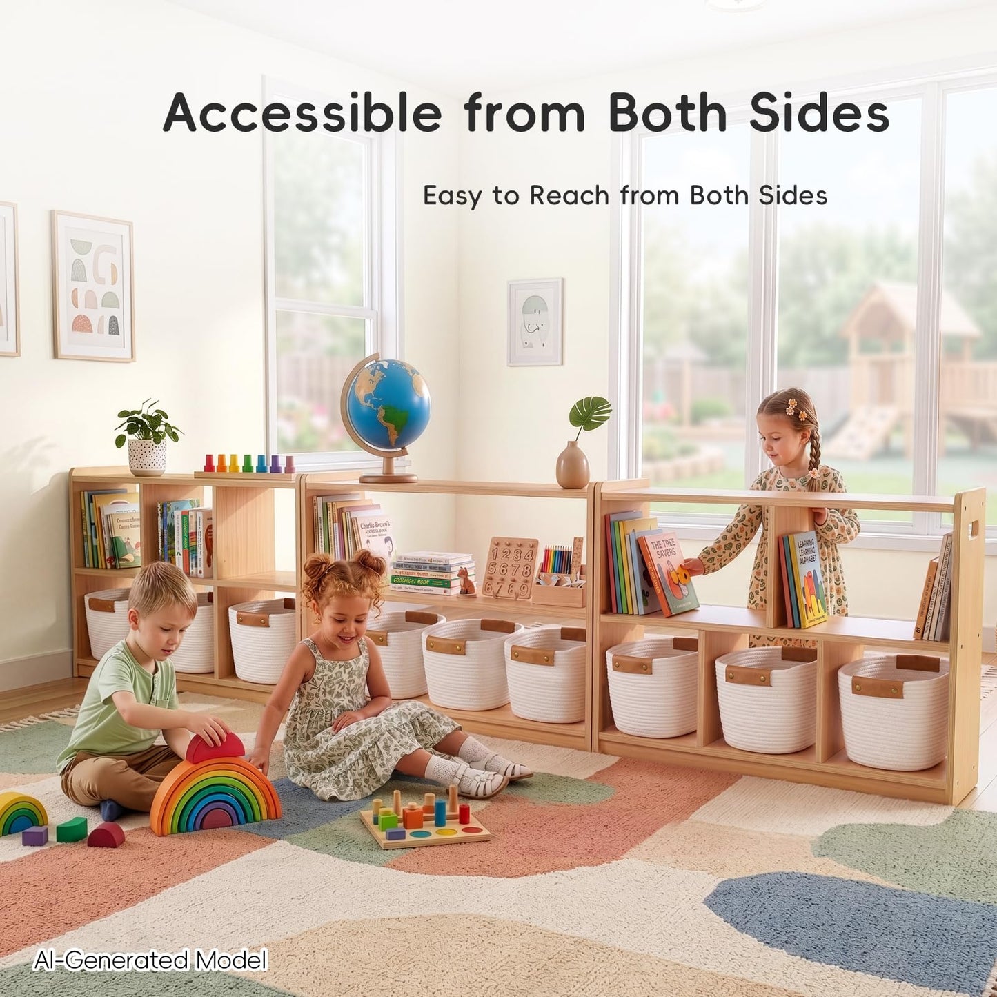 OOOK Montessori Shelf 5-Section, 2-Shelf Toy Organizers and Storage, Double-Sided Montessori Toy Storage, Ideal for Kids Room, Daycare Center, Nursery, Classroom, Kindergarten