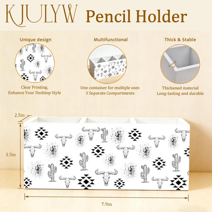 KJULYW Western Desk Accessories Pen Holder, Western Office Decor, Boho Aztec Bull Skull Cactus Wooden Box Pencil Pen Holder Organizer for Home Office Desk Accessories