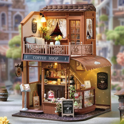 CUTEROOM Miniature House Kits for Adults,Mini Dollhouse Wooden Furniture Kit, DIY Craft Kits Creative Room Tiny House for Decoration- Coffee Shop