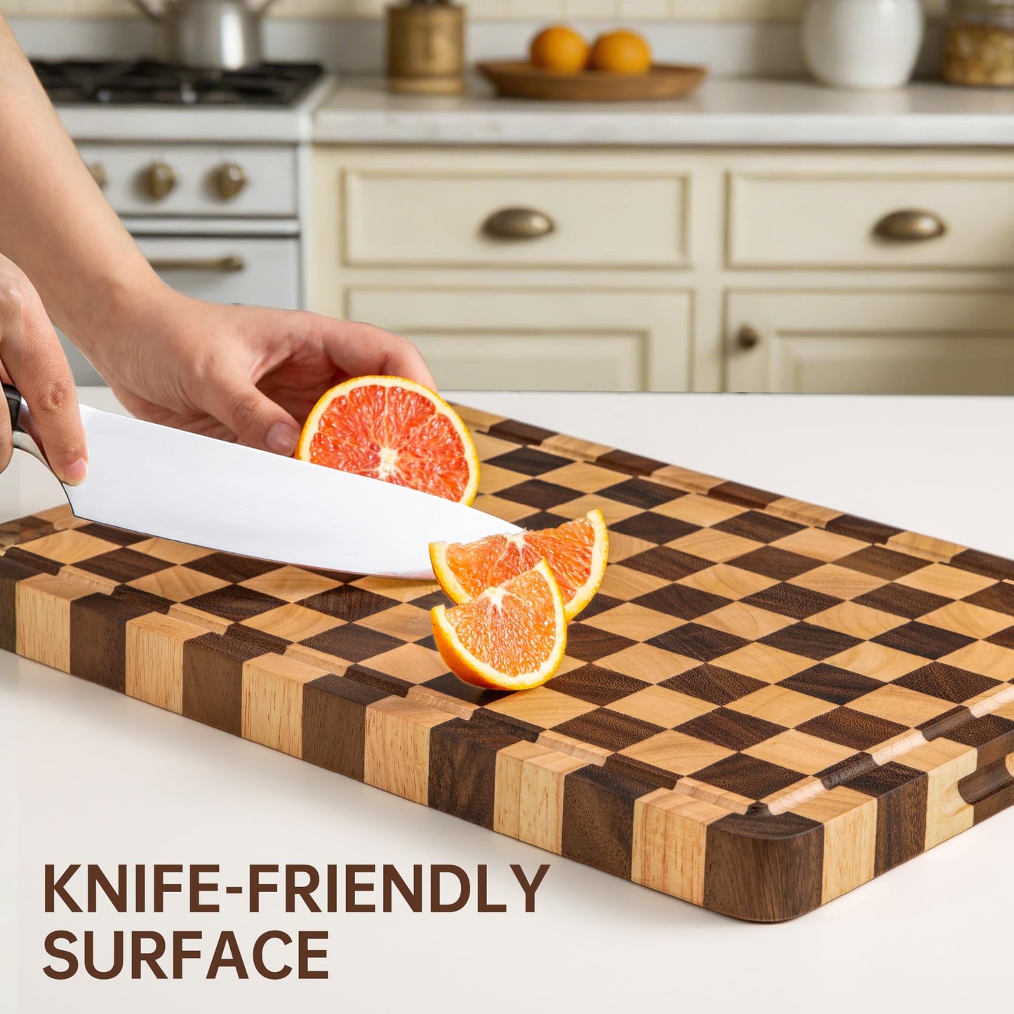 FYCTIO Wooden Cutting Boards for Kitchen, Checkered Cutting Board 1.2" Thickened, Walnut Chopping Board with Juice Grooves & Handles, Double-sided Butcher Block with Gift Box, 17" x 12"