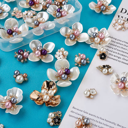 Craftdady 38pcs Rhinestone Pearl Embellishments Mixed Colors Faux Pearl Flower Flatback Cabochon Buttons for Brooches Hairband Jewelry Crafts Making