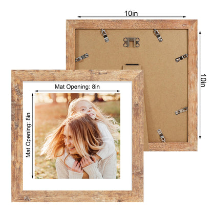 iRahmen 10x10 Picture Frame Set of 4 with Real Glass, Rustic Brown Frames Display 8x8 Picture with Mat or 10 x 10 Without Mat, Wooden Square Photo Frame for Wall Mount and Tabletop Display