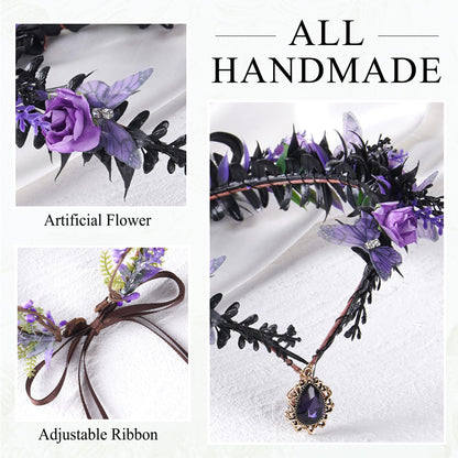 MOSTORY Gothic Butterfly Elf Crown - Dark Purple Flower Crown for Witch Accessories Women, Black Fairy Wings Circlet for Renaissance Renfaire Fantasy Cosplay Witchcore Halloween