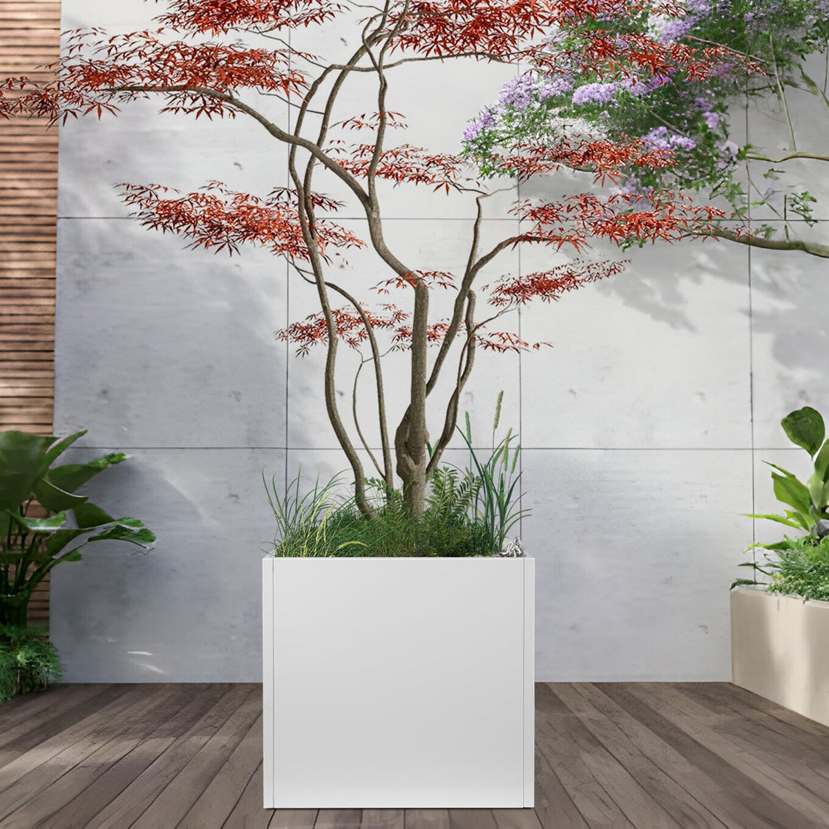 GZGNEEVL White Steel Planter Square Outdoor Planters Galvanized Steel Planter Box 26 Inch Indoor Metal Large Planters Cube Heavy Duty Planter Modern Commercial Residential for Trees Patio Yard Garden