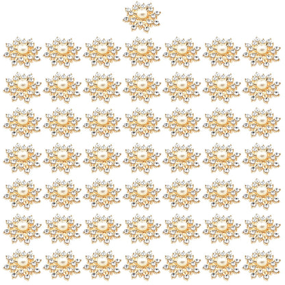 BETITETO 50Pcs Pearl Rhinestone Charms Flatback Flower Buttons Embellishments Bulk for DIY Shoe Sock Charms Bag Decoration Brooch Headbands Clothes Wedding Flower Bouquet Crafts (#1 KC Gold Alloy)