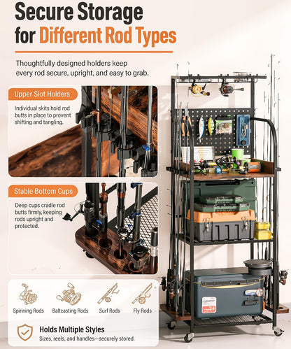 Homde Fishing Rod Holders for Garage: Large Capacity Fishing Equipment Holder up to 12 Rods - Mobile Tackle Storage Cart with Pegboard and Hooks for Tackle Box Organizers and Storage
