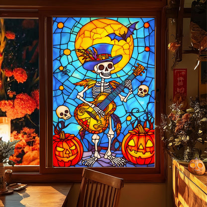 HOMETITUTE Halloween Skeleton Musician Window Film 31x47 Inch Decorative Window Film Pumpkin Guitar Skull Scene Stained Glass Cling for Mirror Door Privacy Decor for Home Party School Office