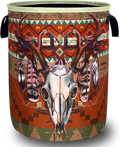 Longhorn Cattle Skull Laundry Basket Oxford Cloth Colorful Tribal Laundry Hamper