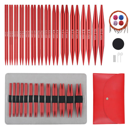 Guclud Interchangeable Circular Knitting Needles Set 4-Inch | US 2.5-15 (3.0-10.0mm) | 13-Pair of Metal Circular Needles | 4 Cables (16", 24", 32", and 40"), Accessories & Case (Rose Red)