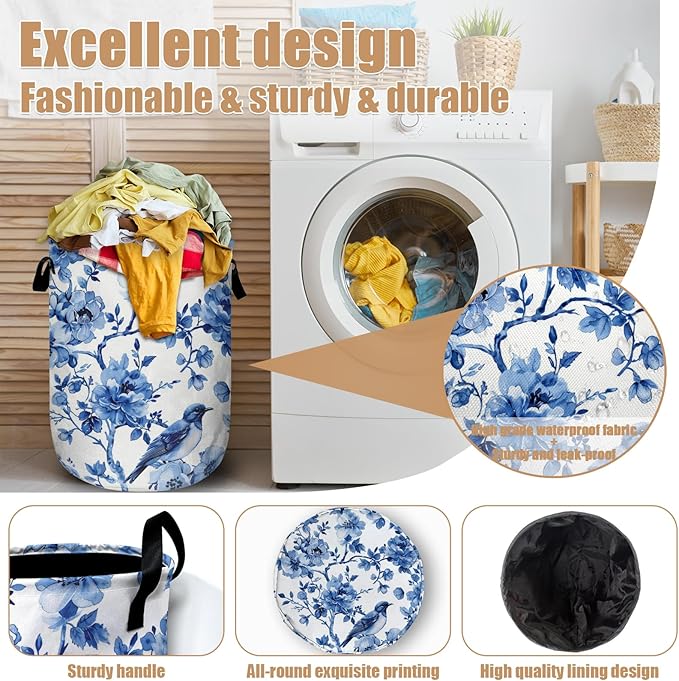 Blue Flower Bird Laundry Basket, Foldable Waterproof Laundry Hamper Tote Bag