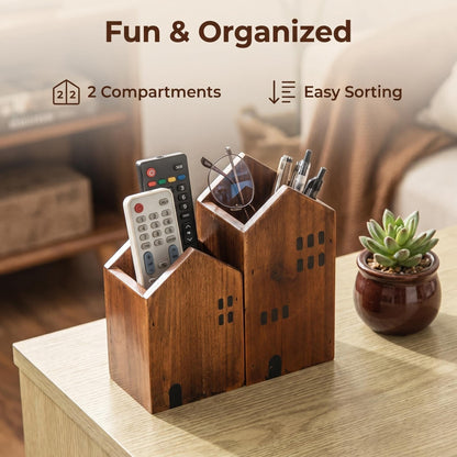 DAWASAPAT Rustic Wooden House Remote Control Holder/Remote Caddy & Desktop Organizer for TV Remotes, Stationery, Pencils, and Glasses set of 2