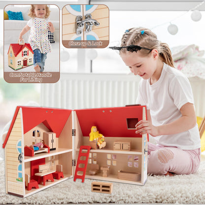 Foldable Wooden Dollhouse with 13PCS Furniture, 4 Rooms and 2 Flexible Dolls, Pretend Play Doll House Set with Portable Handle, Christmas Birthday Gift for Boys Girls Age 3+