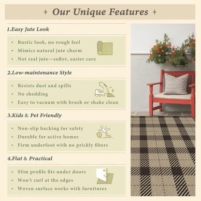 Easy Jute Farmhouse Area Rug 5x7, Washable Indoor Outdoor Plaid Rug, Black and Tan Rustic Woven Non Slip Carpet for Living Room, Entryway, Patio, Bedroom, Under Bed