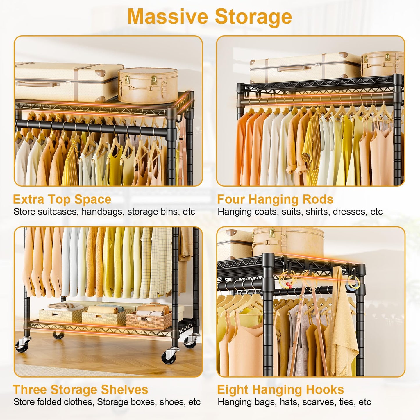 ULIFHOME P5 Rolling Clothes Rack Heavy Duty, Clothing Racks for Hanging Clothes, Metal Garment Rack with Wheels, 3-Tier Portable Closet Rack 39.4'' W × 20.5'' D × 80.5'' H, Max Load 650 Lbs, Black