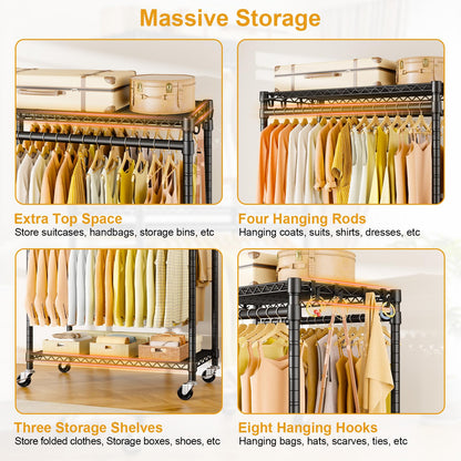 ULIFHOME P5 Rolling Clothes Rack Heavy Duty, Clothing Racks for Hanging Clothes, Metal Garment Rack with Wheels, 3-Tier Portable Closet Rack 39.4'' W × 20.5'' D × 80.5'' H, Max Load 650 Lbs, Black