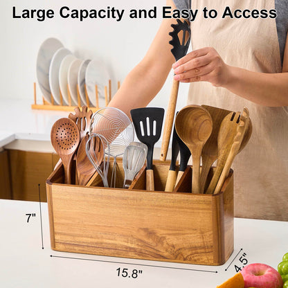 LOHONER Wooden Utensil Holder for Kitchen Counter, Acacia Wood Kitchen Utensil Holder for Countertop with 4 Compartment, Cooking Utensil Organizer, Silverware Caddy (Acacia Wood, 4Compartment)
