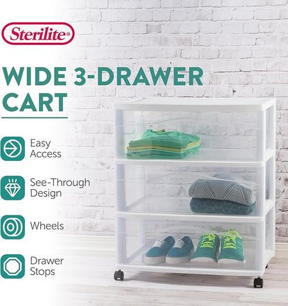 Sterilite 2-Pack Wide 3-Drawer Cart, Storage Closet Organizer with Wheels, White - Plastic Drawers and Containers for Bedroom, Cabinet, Clothes, Dresser, and Kitchen Pantry Organization