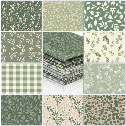Hahafelt 10 Pcs 18 x 22 Inch Sage Green Fat Quarters Greenery Precut Fabric Bundles Botanical Green Leaves Plaid Flower Quliting Squares Patchwork for Spring Summer DIY Craft Sewing Quilt Material