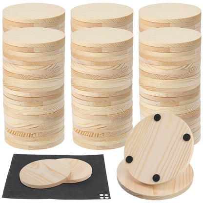 HJZHII 100 Pcs Unfinished Wood Coasters, 4 Inch Blank Wooden Coaster with Non Slip Foam Pad for DIY Stained Drawing Painting Wood Crafts Engraving Home Decoration Supplies(Round)