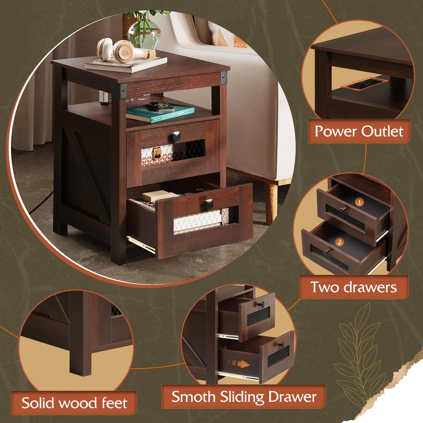 WLIVE Nightstand with Charging Station, Farmhouse End Table, Bed Side Table with 2 Storage Drawers and Open Shelf, Wood Rustic Nightstands for Bedroom, Espresso