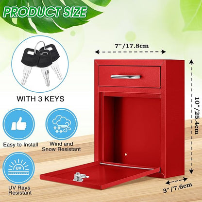 Yaocom Locking Mailbox with Key for Outdoor 10 x 7 x 3 Inches Small Wall Mount Mail Box with Lock Security Mail Drop Metal Collection Boxes Hanging Secure Postbox(Red)