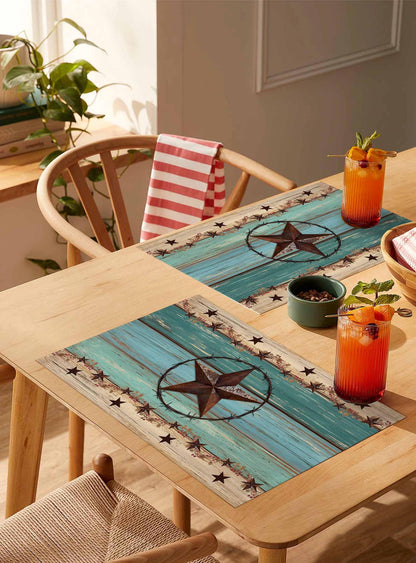 Western Texas Star Placemats Set of 6 Retro Turquoise Wooden Rustic Farmhouse 13x19 Inch Washable Non Slip Linen Table Mats, Rustic Summer Placemats for Dining Table Party Kitchen Decor