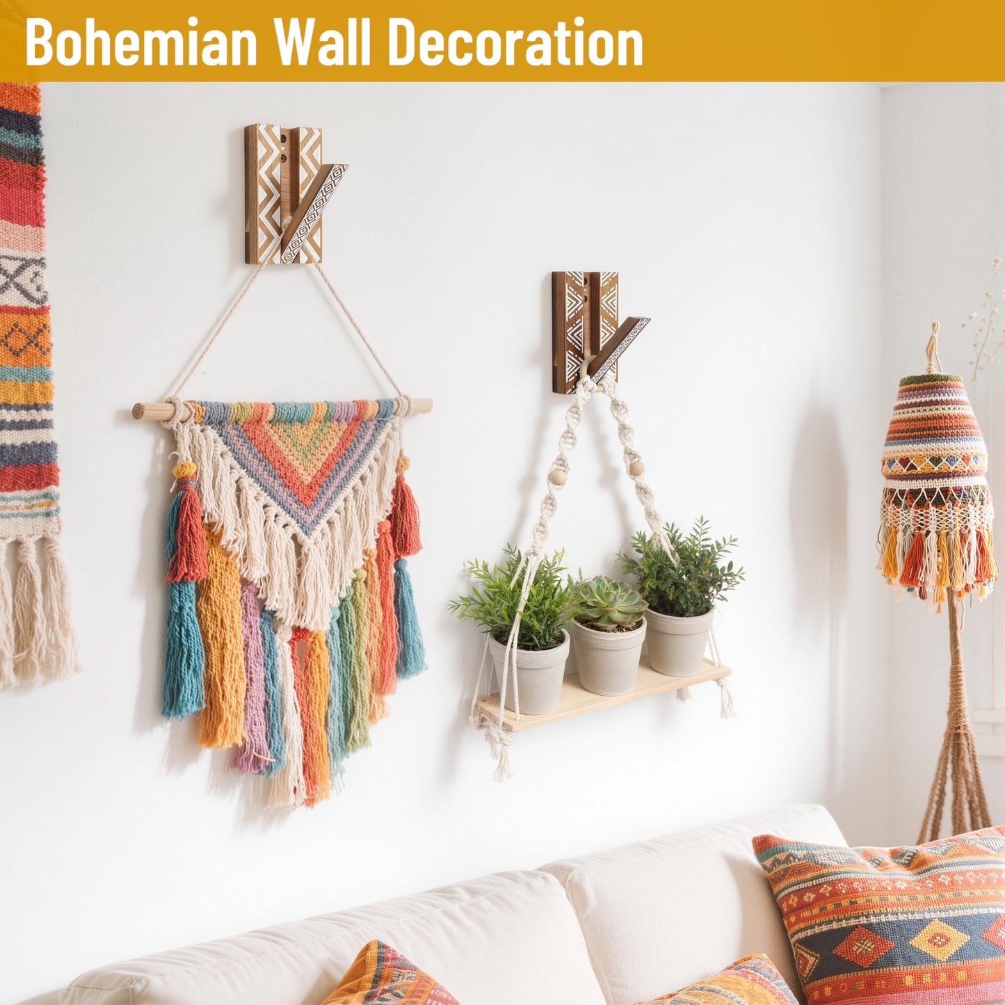 KYIAANY Boho Foldable Wall Hooks: Decorative Wooden Coat Hooks 2Pack Mounted for Heavy Duty Hanging Towels Backpack Bags Hats, Space Saving Home Decor for Aesthetic Homeowners