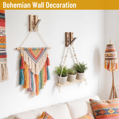 KYIAANY Boho Foldable Wall Hooks: Decorative Wooden Coat Hooks 2Pack Mounted for Heavy Duty Hanging Towels Backpack Bags Hats, Space Saving Home Decor for Aesthetic Homeowners