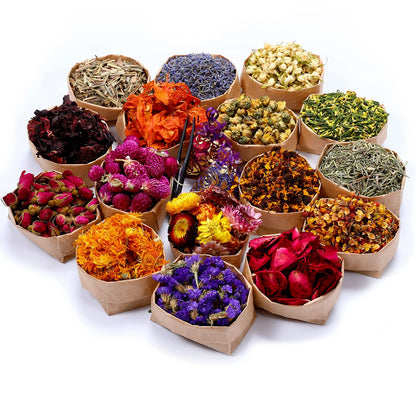 SACATR 16 Bags Dried Flowers,100% Natural Dried Flowers Herbs Kit for Soap Making, DIY Candle Making,Bath - Include Rose Petals,Lavender,Don't Forget Me,Lilium,Jasmine,Rosebuds and More