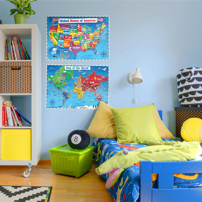Momo & Nashi United States Map For Kids & World Maps For Kids 2pc Set - 24” x 16” Waterproof Classroom Posters - Childs World Map - Teacher Classroom Must Haves - Homeschool Teacher School Supplies