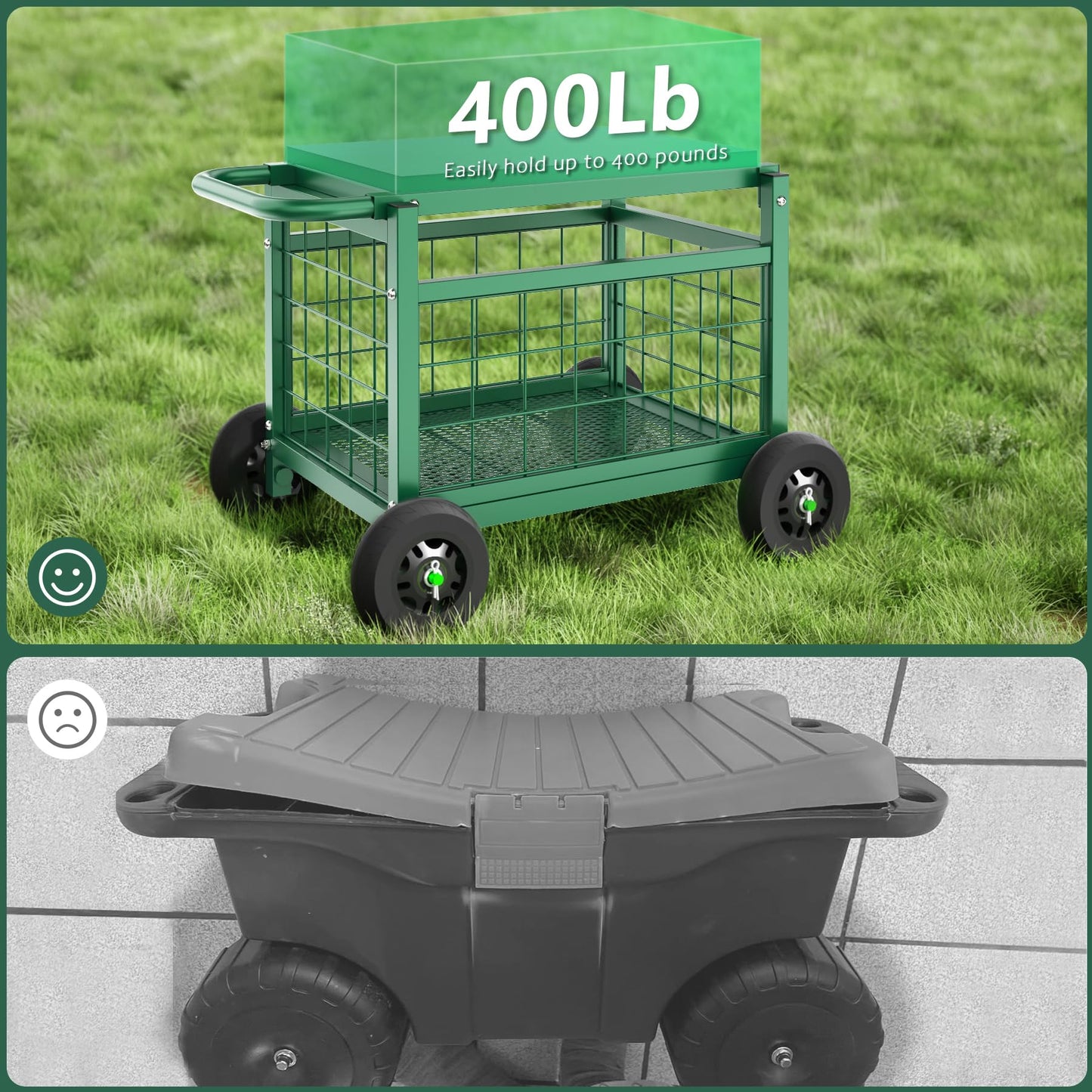 FLINTER Rolling Garden Work Seat with Wheels, Upgraded Heavy Duty Gardenning Cart with Seat - Garden Rolling Stools w/Wheels for Seniors