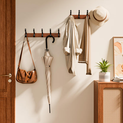 Jasopaco Solid Wood Wall Mounted Coat Rack, Heavy Duty 5 Hook Wooden Hanger with Metal Hooks for Hanging Hats, Coats, Towels, Backpack, Keys in Closet, Entryway, Bedroom, Bathroom, 2 Pack.