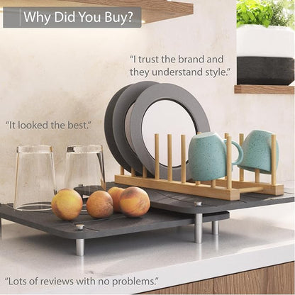 Nested Dish Drying Stone Mat with Bamboo Rack | 2 Pcs Diatomaceous Earth Stone Drying Mats for Kitchen Counter with Non-Slip Feet | Collapsible Large Drying Stone for Dishes (Dark Gray)