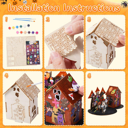 Poen 4 Set 3D Wooden Halloween Haunted House Crafts Kit DIY Wood Ghost House Puzzles Set with Paints Brushes Stickers for Halloween Home Table Decoration Party Gifts Supplies Indoor Decor